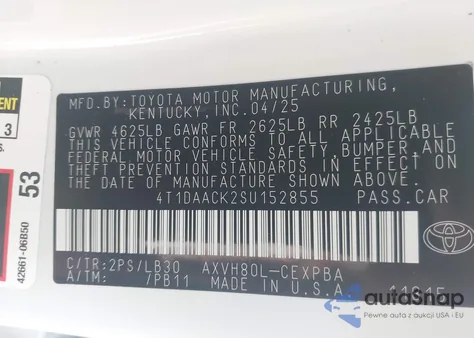 2025 Toyota Camry Xse z USA, uszkodzony, nr VIN 4T1DAACK2SU152855